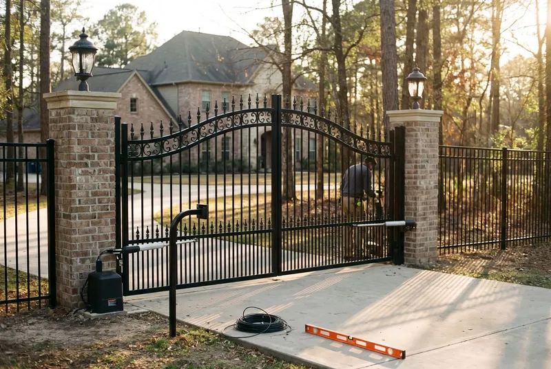 Ornamental steel estate driveway gate on brick columns in Mint Hill (sample photo)
