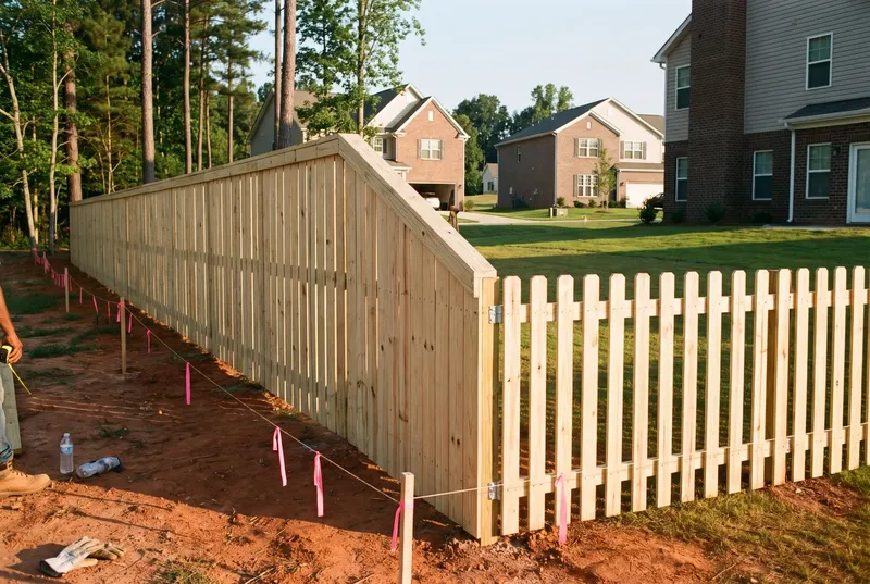 Privacy fence stepping down to picket at a front corner (sample photo)