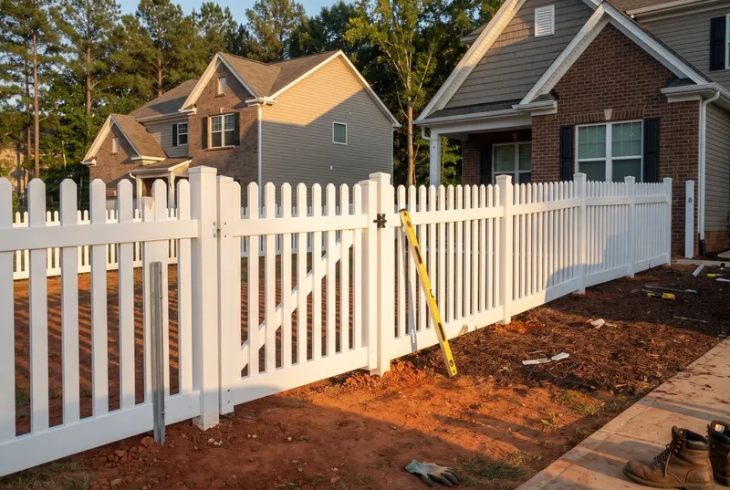 White vinyl picket fence with a walk gate (sample photo)